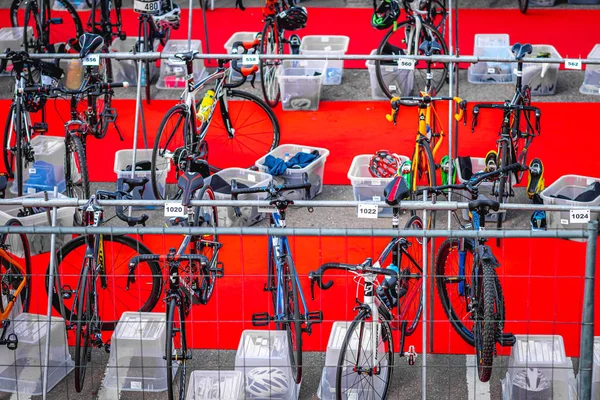 MOSCOW, RUSSIA - AUGUST 25, 2019: Bicycle parking on IRONSTAR CROCUS FITNESS TRIATHLON 2019. Royalty Free Stock Photos