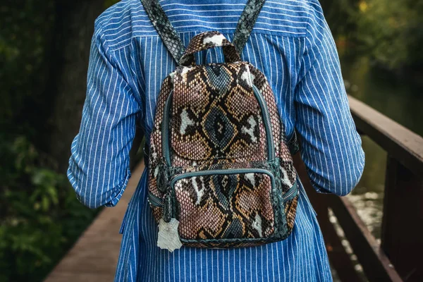Yılan derisi python sırt çantası olan şık kadın.