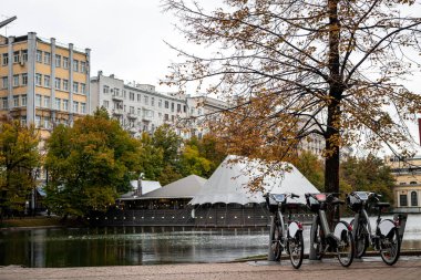 Moskova, Rusya - 30 Eylül 2019: Sonbahar Ormanı Göl Yansıması manzarası. Sonbahar göleti. Güzel sonbahar doğası.