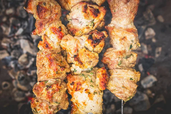 BBQ barbecueën spiesen varkensvlees kebab, close-up afbeelding. — Stockfoto