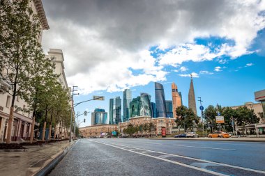 MOSCOW, RUSSIA - 27 Temmuz 2020: Moskova City gökdelenleri mimari kompleksi.