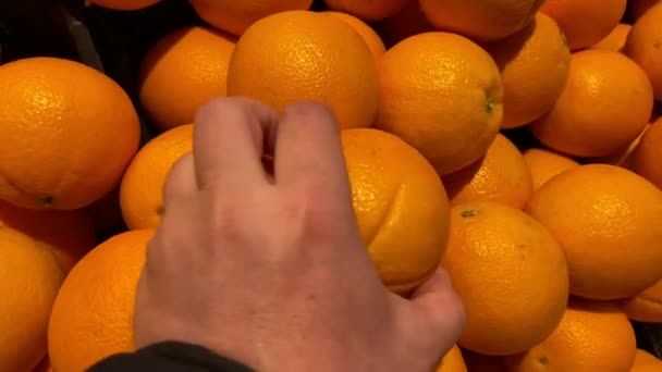 地元の農家の果物市場で新鮮な有機オレンジを選ぶ男性の手. — ストック動画