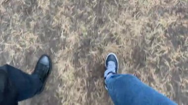 Genç evli çift ormanın derinliklerinde yürüyor. 4K görüntü.