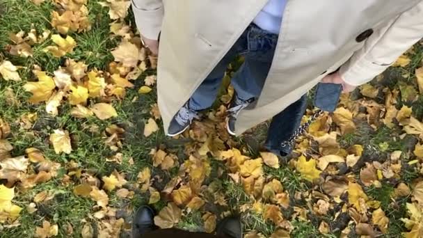 ロマンチックなカップルの足、トップビュー、スローモーション。秋の公園. — ストック動画