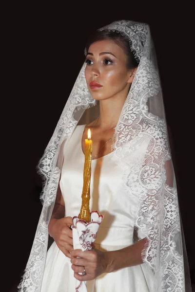 Belle Mariée Lors Cérémonie Mariage Dans Église Russe Moscou — Photo