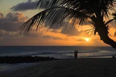 barbados adasında arka planda Günbatımı ile plaj romantik Çift