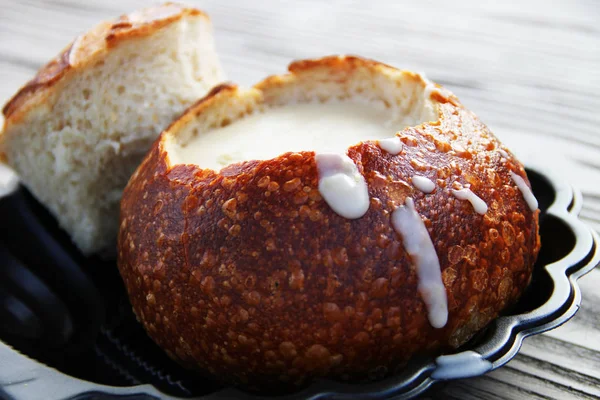 Najbardziej Znane Popularne San Francisco Omułek Zupy Garnku Chleb — Zdjęcie stockowe