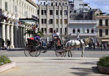 Havana, Küba - 10 Ocak 2019: Kübalı adam Havana sokaklarında bir at arabası işletiyor. Küba