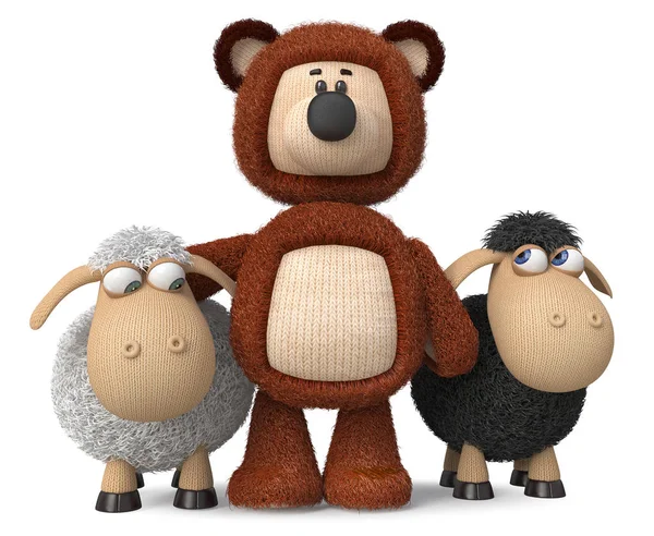 3d illustration funny sheep with a bear/3d illustration fluffy bear stands next to the little ewes