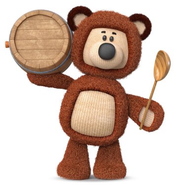 3D çizim oyuncak ayı bir tahta kaşıkla bir tedavi yemeye hazırlanıyor / 3d çizim ayıcık tatlım bir varil ile