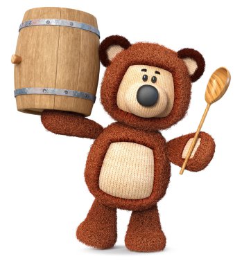 3D çizim oyuncak ayı bir tahta kaşıkla bir tedavi yemeye hazırlanıyor / 3d çizim ayıcık tatlım bir varil ile