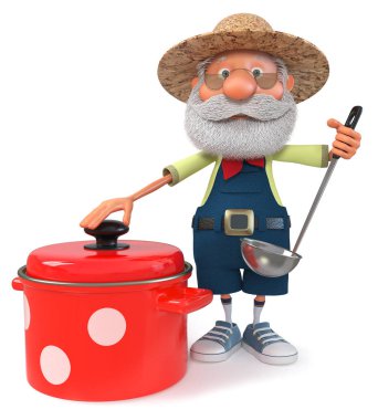 3D çizim yemek hazırlama grubundaki yaşlı bir çiftçi / 3d çizim çiftçi bir tencereye ve kepçe ile