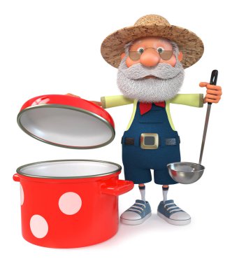 3D çizim yemek hazırlama grubundaki yaşlı bir çiftçi / 3d çizim çiftçi bir tencereye ve kepçe ile