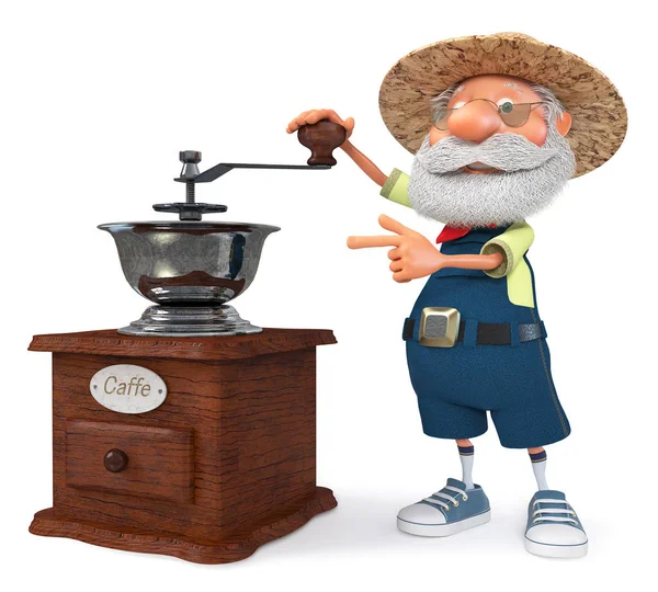 Illustration Grandfather Shows His Crop Coffee Products Illustration Farmer Grinder — Stock Photo, Image