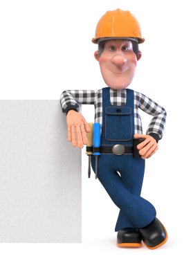komik tesisatçı mühendis karakter 3D çizimi onarmaya hazırlanıyor / 3d resim Oluşturucusu çalışma içinde bir posteri ile tulum