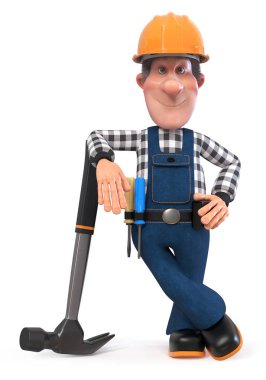 komik mühendis tesisatçı karakter 3D çizimi yapan tamir / 3d illüstrasyon Builder işçisi çekiç ile tulum