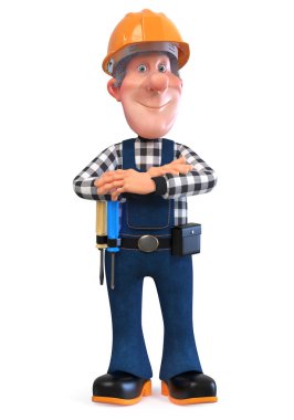 3D çizim komik mühendis karakter/3d illüstrasyon Builder işçisi tulum