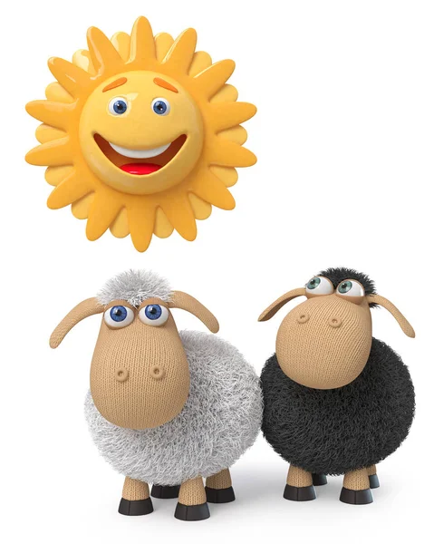 Illustration Deux Petits Agneaux Regardent Joyeusement Soleil Illustration Moutons Ridicules — Photo