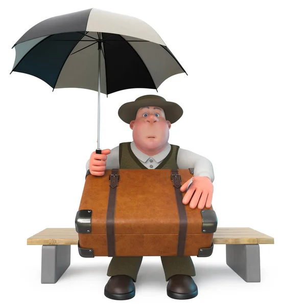 3d ilustração gordo e alegre homem com guarda-chuva — Fotografia de Stock