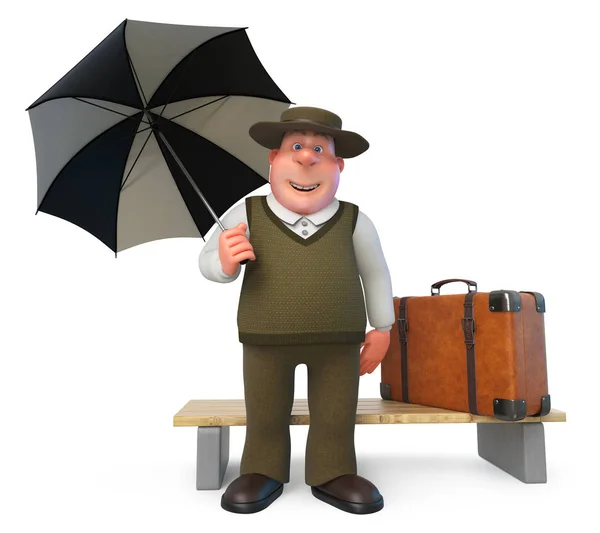 3 d イラストレーションの傘で脂肪と陽気な男 — ストック写真