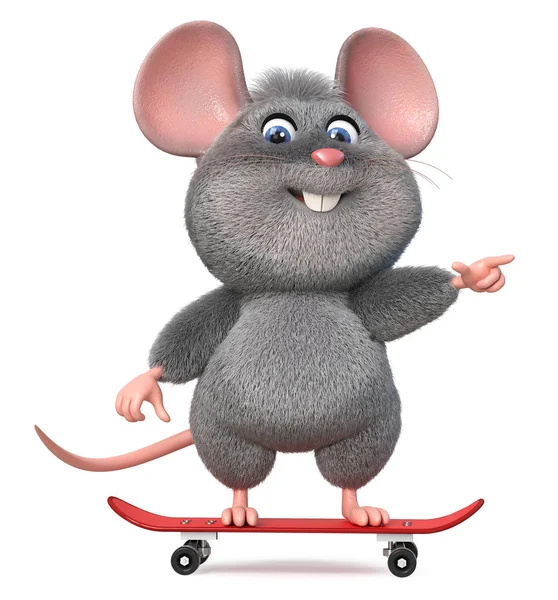 3d illustration funny mouse skateboarding — Stock Photo, Image