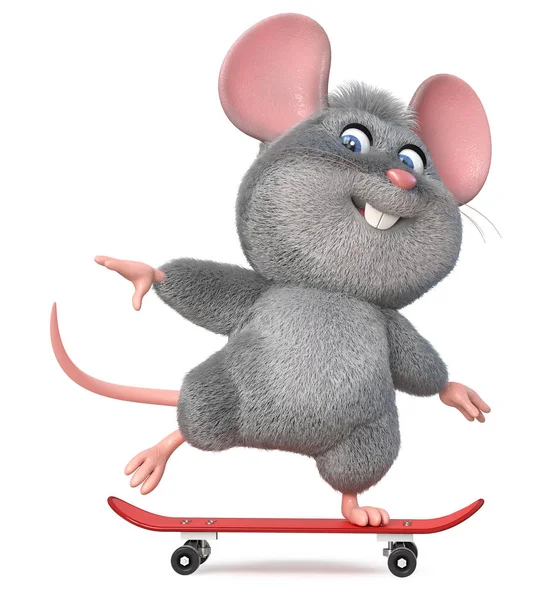 3d illustration funny mouse skateboarding — Stock Photo, Image
