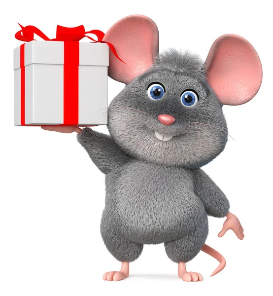 3d illustration funny mouse with gift — Stock Photo, Image
