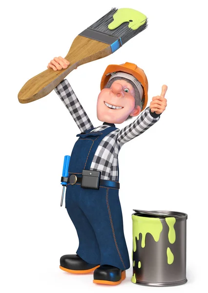 3d ilustración Constructor trabajando en overoles con pincel de pintura — Foto de Stock