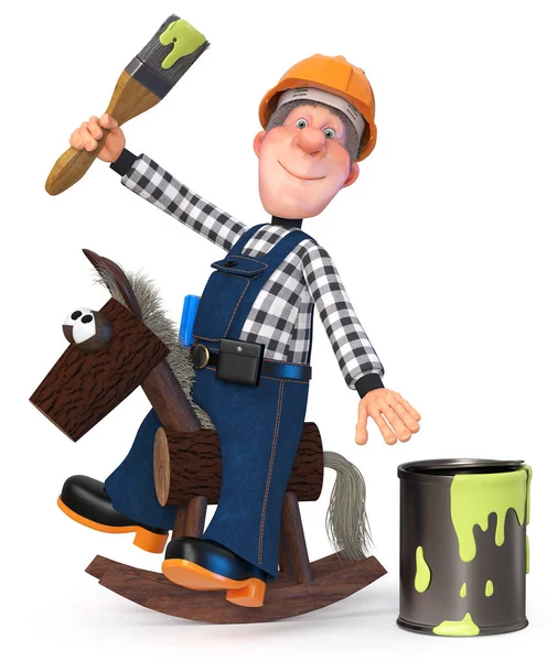 3d illustration Builder working in overalls with paint brush — Stock Photo, Image