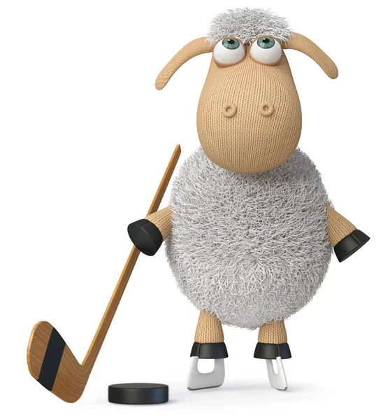 3d illustration funny sheep with a stick and a puck — Stock Photo, Image