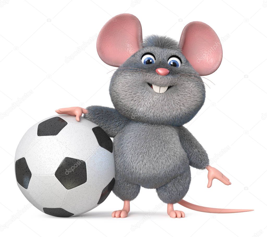 3d illustration funny mouse playing football