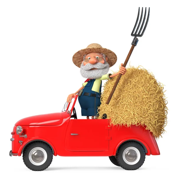 3D-Illustration Lustiger alter Großvater des Bauern im Auto — Stockfoto