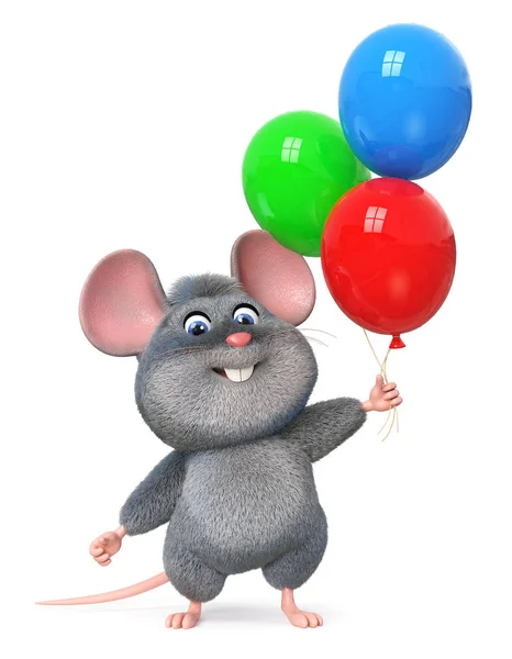 3D Illustration lustige Maus mit Luftballons — Stockfoto