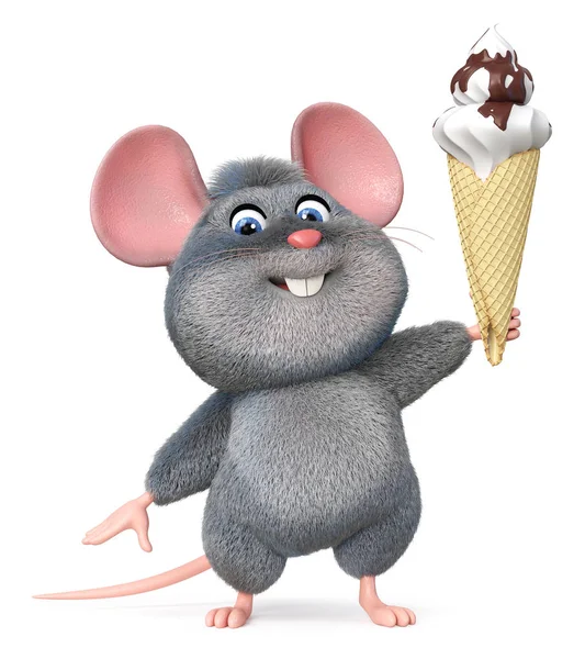 3d illustrazione divertente mouse con gelato — Foto Stock
