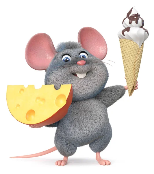 3D ilustrace legrační myš se sýrem a zmrzlinou — Stock fotografie