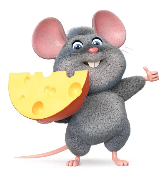 3d illustration funny mouse with cheese — Stock Photo, Image