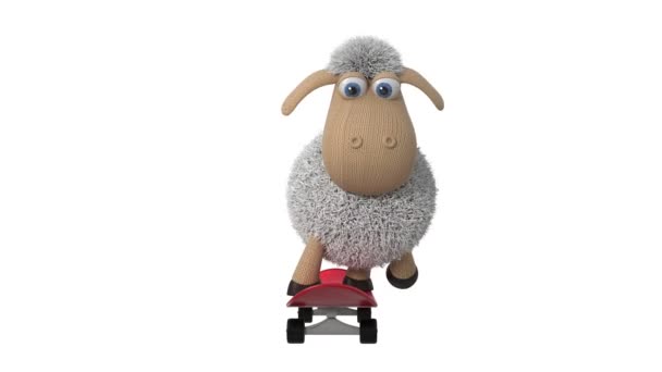 3Dアニメーション面白い羊のスケートボード 3Dアニメーション小さな白い羊はスポーツをしています — ストック動画