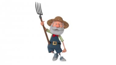 3d illüstrasyon çiftçi bir yaba/3d illüstrasyon dedesi saman hasat hazırlanıyor ile duruyor