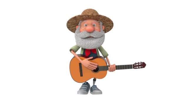 Ilustração Alegre Agricultor Olheiro Toca Guitarra Ilustração Idoso Barbudo Camponês — Vídeo de Stock