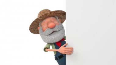 Poster / 3d illüstrasyon büyük bir işareti ile yaşlı bir çiftçi ile 3d illüstrasyon komik çiftçi