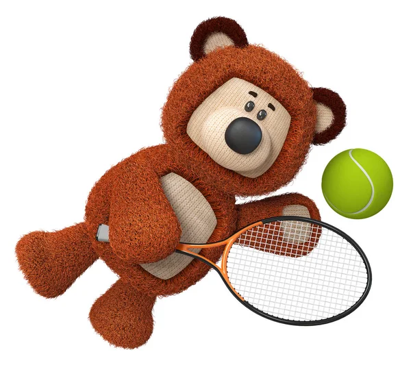 3d illustration funny brown bear playing tennis — Stock Photo, Image