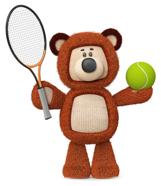 Illustration 3D drôle ours brun jouant au tennis — Photo