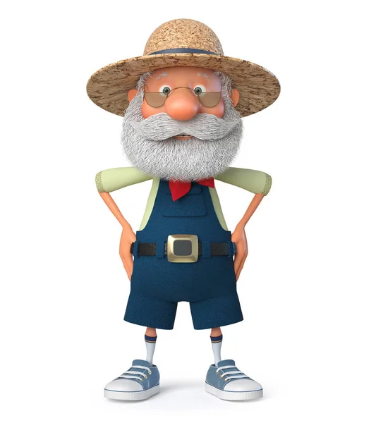 Ilustração 3D que o agricultor idoso custa ao ar livre com um sorriso — Fotografia de Stock