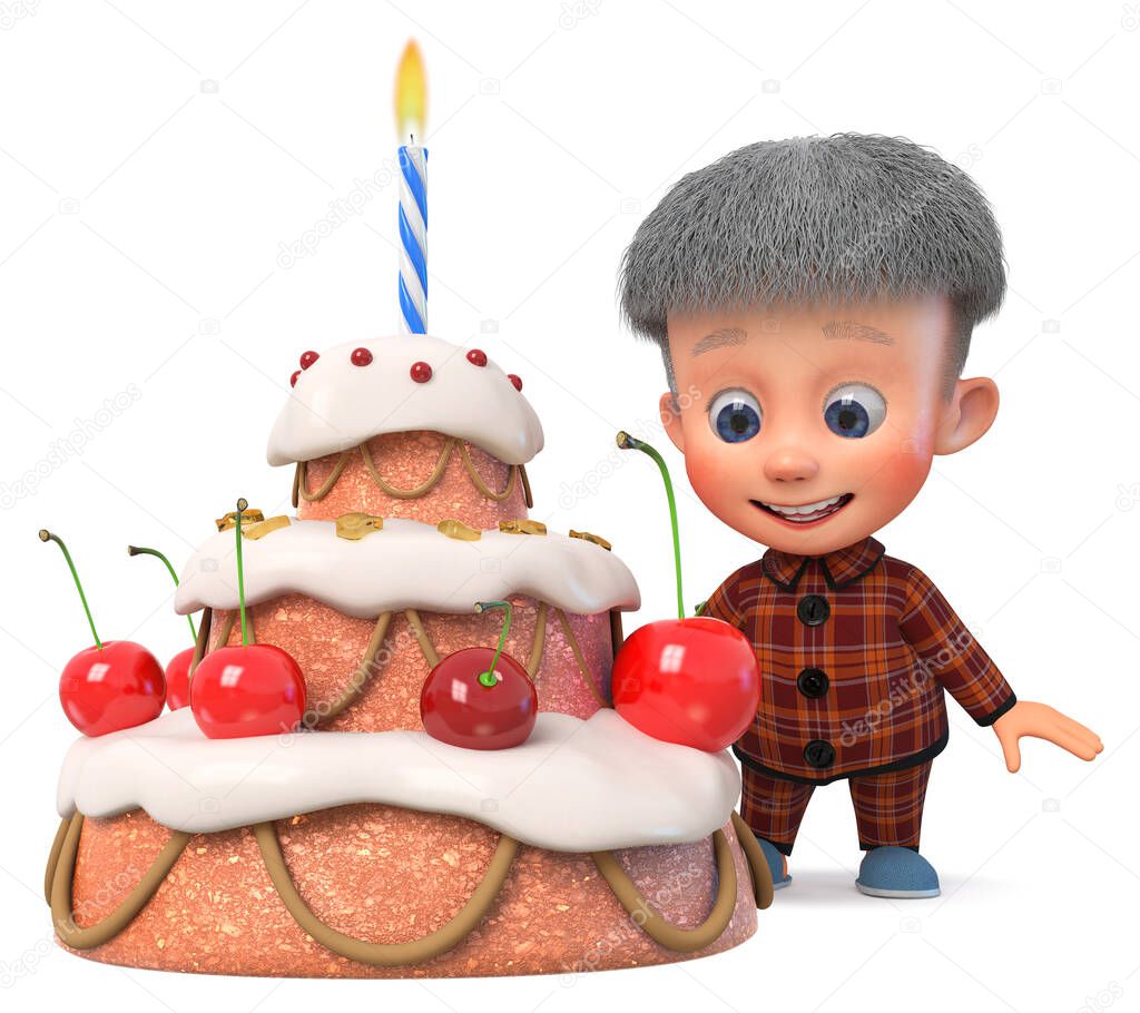 3d illustration little boy stands with a big cake