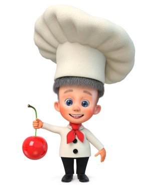 3D illüstrasyon. Küçük erkek sincap büyük bir kirazla duruyor.