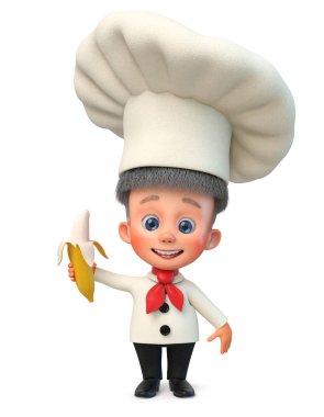 3D illüstrasyon küçük erkek sincap büyük bir muzla ayakta duruyor.