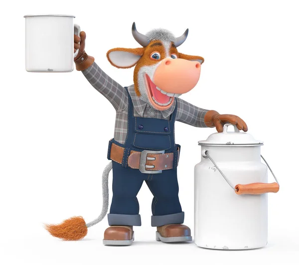 Illustratie Een Buffel Overalls Een Boerderij Met Een Blik Melk — Stockfoto