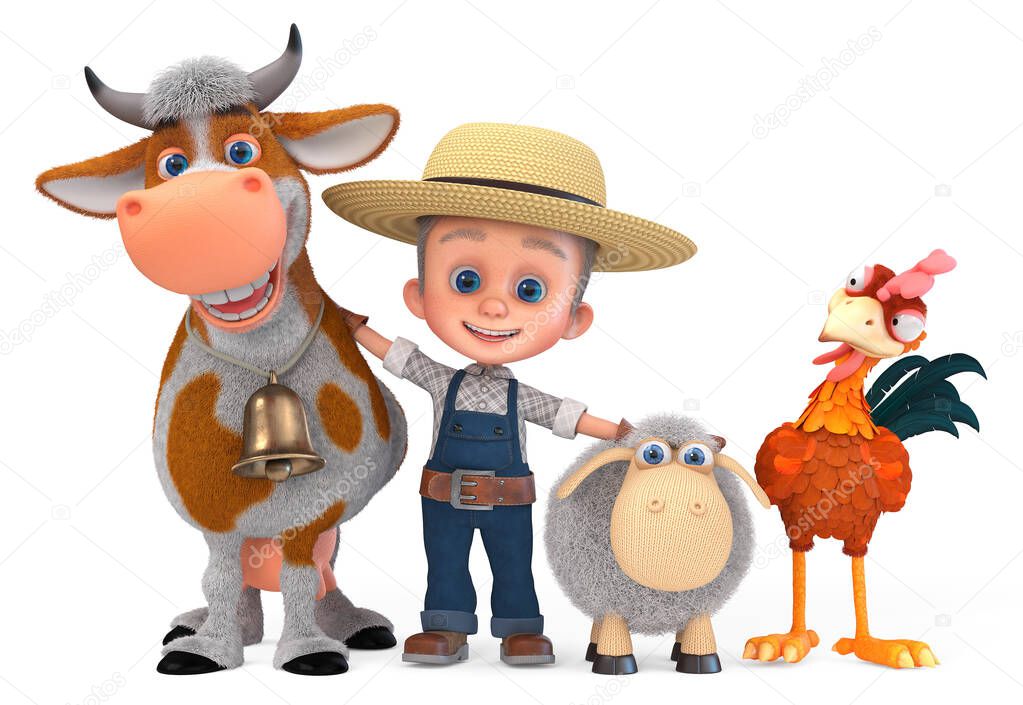 3D illustration child in a straw hat is engaged in animal husbandry