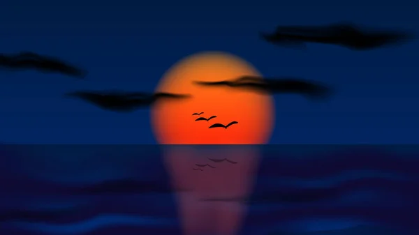 Sonnenuntergang am Horizont des Meeres. Auf dem Hintergrund der Sonne sind die Silhouetten von Vögeln zu sehen. — Stockvektor