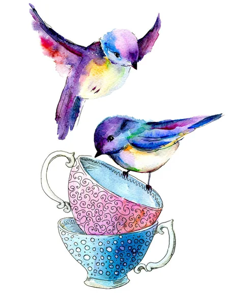 Fiesta coloridas tazas de té y platillos primer plano con dos pájaros. Boceto hecho a mano. Postal de vacaciones. Ilustración en acuarela . —  Fotos de Stock